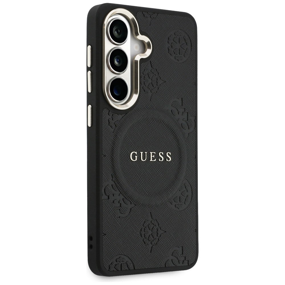 MagSafe Case for Samsung Galaxy S26 S942, Guess, Saffiano Peony Embossed Ring, Black