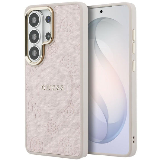 MagSafe-kuori Samsung Galaxy S26 Ultra S948:lle, Guess, Saffiano Peony kohokuvioitu rengas, vaaleanpunainen