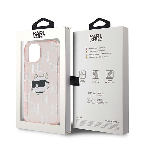 Kotelo Apple iPhone 14:lle, Karl Lagerfeld, IML Luxury Monogram Choupette's Head, Pinkki
