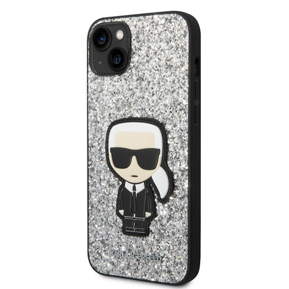 Kotelo Apple iPhone 14 Plus:lle, Karl Lagerfeld, Glitter Flakes Ikonik Karl, Hopeanvärinen