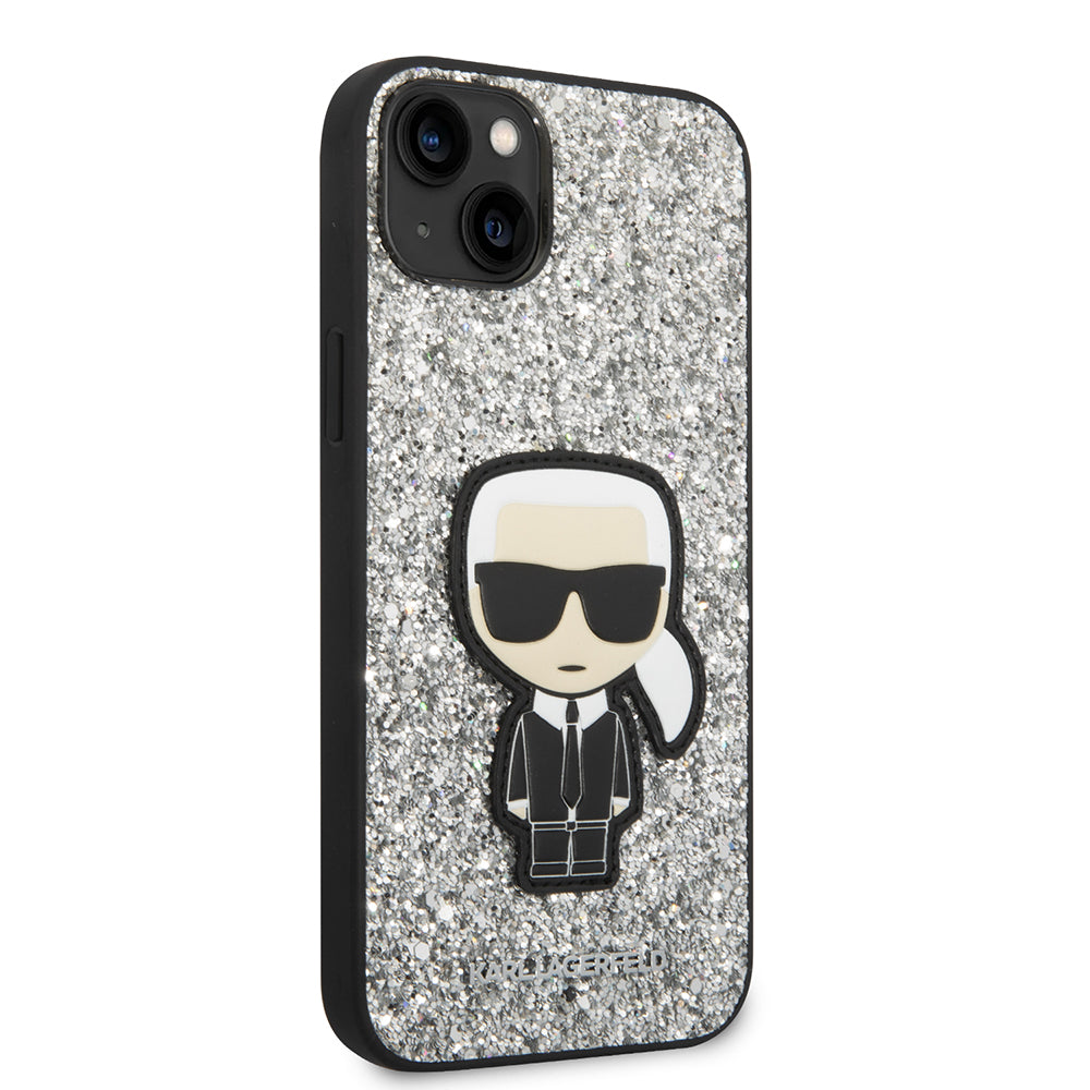 Kotelo Apple iPhone 14 Plus:lle, Karl Lagerfeld, Glitter Flakes Ikonik Karl, Hopeanvärinen