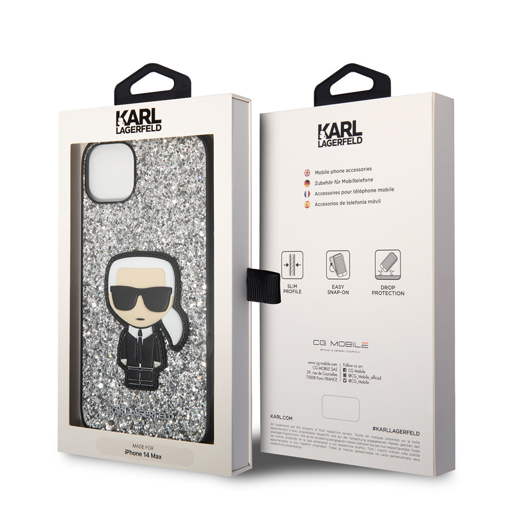 Kotelo Apple iPhone 14 Plus:lle, Karl Lagerfeld, Glitter Flakes Ikonik Karl, Hopeanvärinen