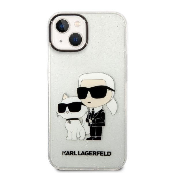 Kotelo Apple iPhone 14 Plus -puhelimelle, Karl Lagerfeld, Glitter Karl & Choupette, Läpinäkyvä