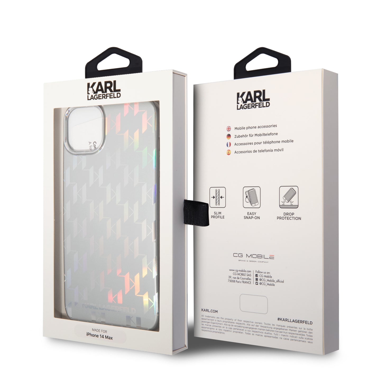 Suojakotelo Apple iPhone 14 Plus -puhelimelle, Karl Lagerfeld, Monogram Iridescent, Hopeanvärinen