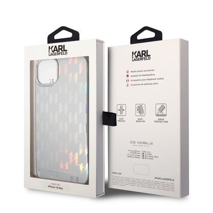 Suojakotelo Apple iPhone 14 Plus -puhelimelle, Karl Lagerfeld, Monogram Iridescent, Hopeanvärinen