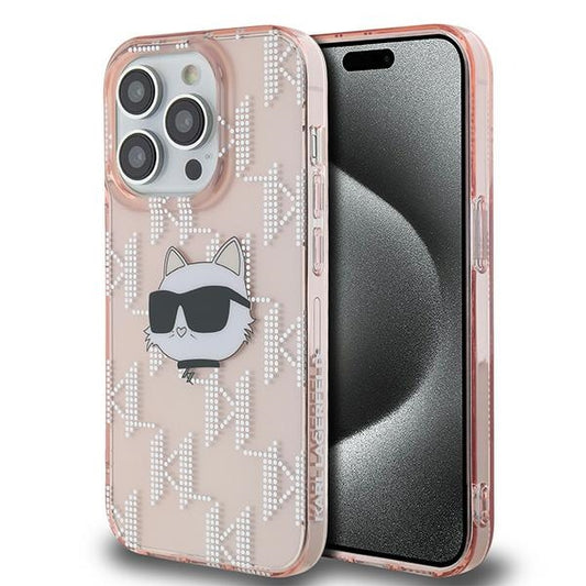 Kotelo Apple iPhone 14 Prolle, Karl Lagerfeld, IML Luxury Monogram Choupette's Head, Pinkki