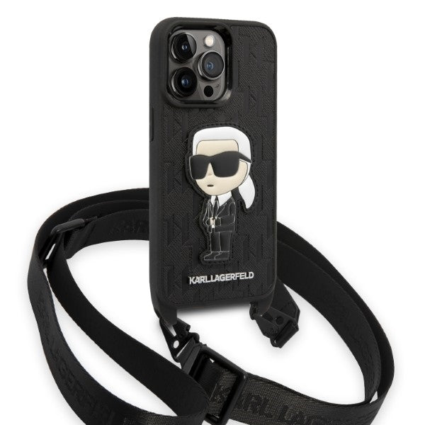 Kotelo Apple iPhone 14 Prolle, Karl Lagerfeld, Monogram Ikonik Karl, Musta