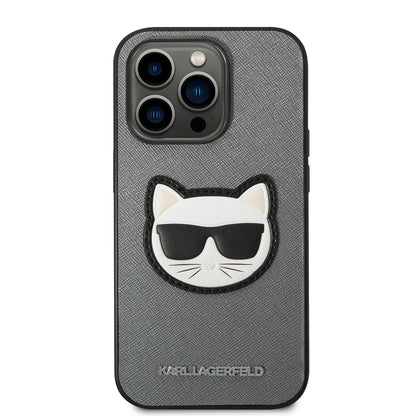Suojakotelo Apple iPhone 14 Prolle, Karl Lagerfeld, Saffiano Choupette's Head, Hopeinen