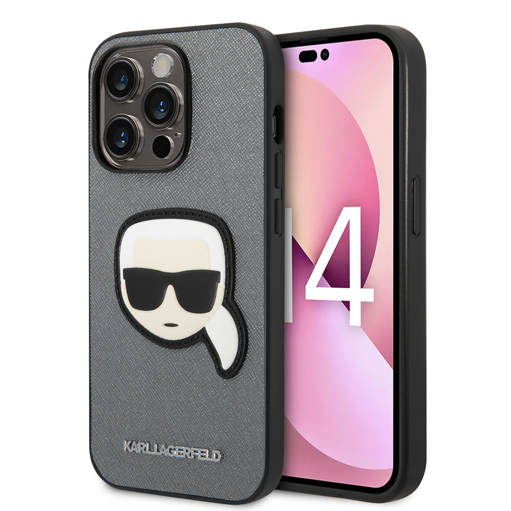 Suojakotelo Apple iPhone 14 Prolle, Karl Lagerfeld, Saffiano Karl's Head, Hopeinen