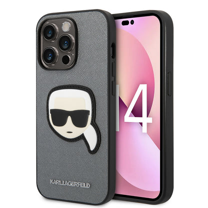 Suojakotelo Apple iPhone 14 Prolle, Karl Lagerfeld, Saffiano Karl's Head, Hopeinen