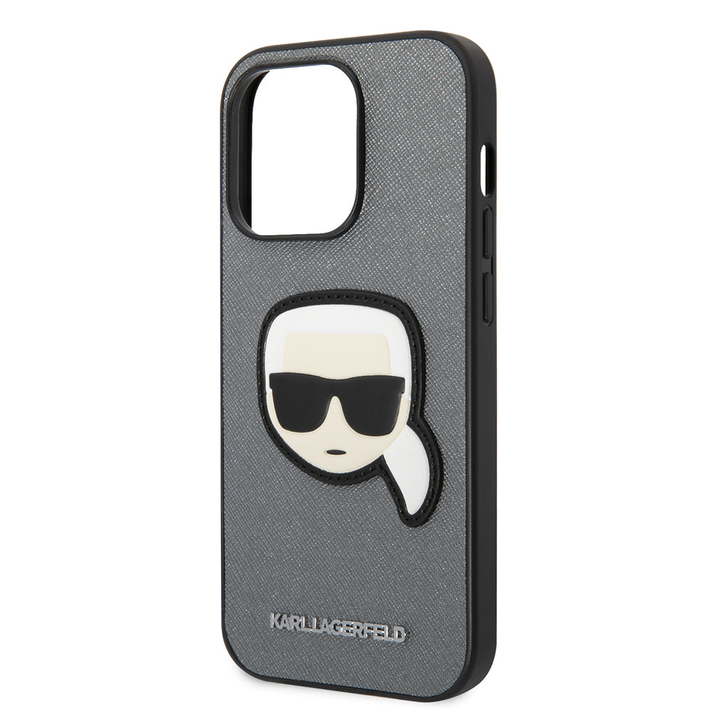 Suojakotelo Apple iPhone 14 Prolle, Karl Lagerfeld, Saffiano Karl's Head, Hopeinen