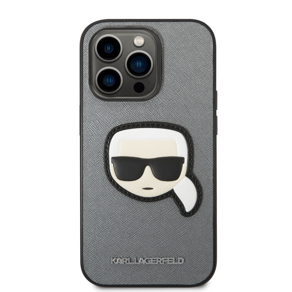 Suojakotelo Apple iPhone 14 Prolle, Karl Lagerfeld, Saffiano Karl's Head, Hopeinen