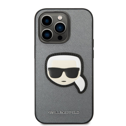 Suojakotelo Apple iPhone 14 Prolle, Karl Lagerfeld, Saffiano Karl's Head, Hopeinen