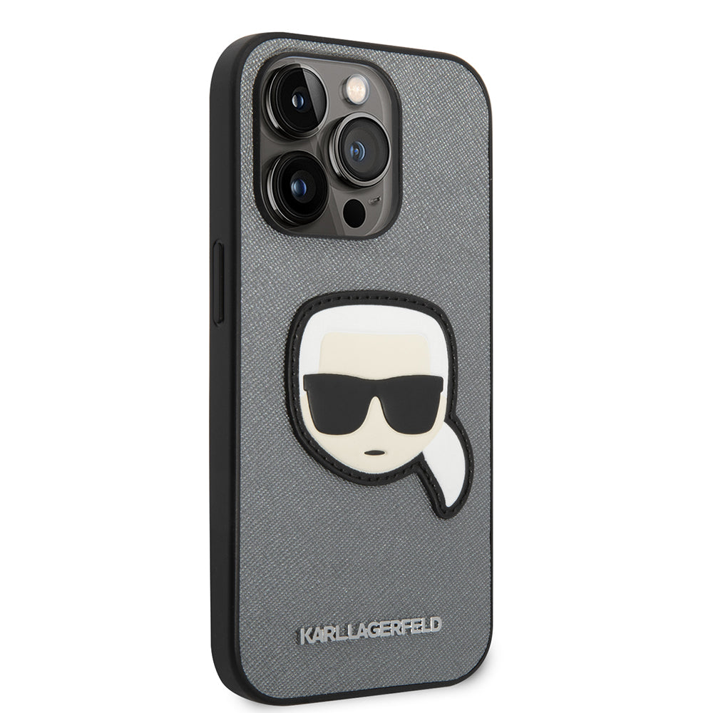 Suojakotelo Apple iPhone 14 Prolle, Karl Lagerfeld, Saffiano Karl's Head, Hopeinen