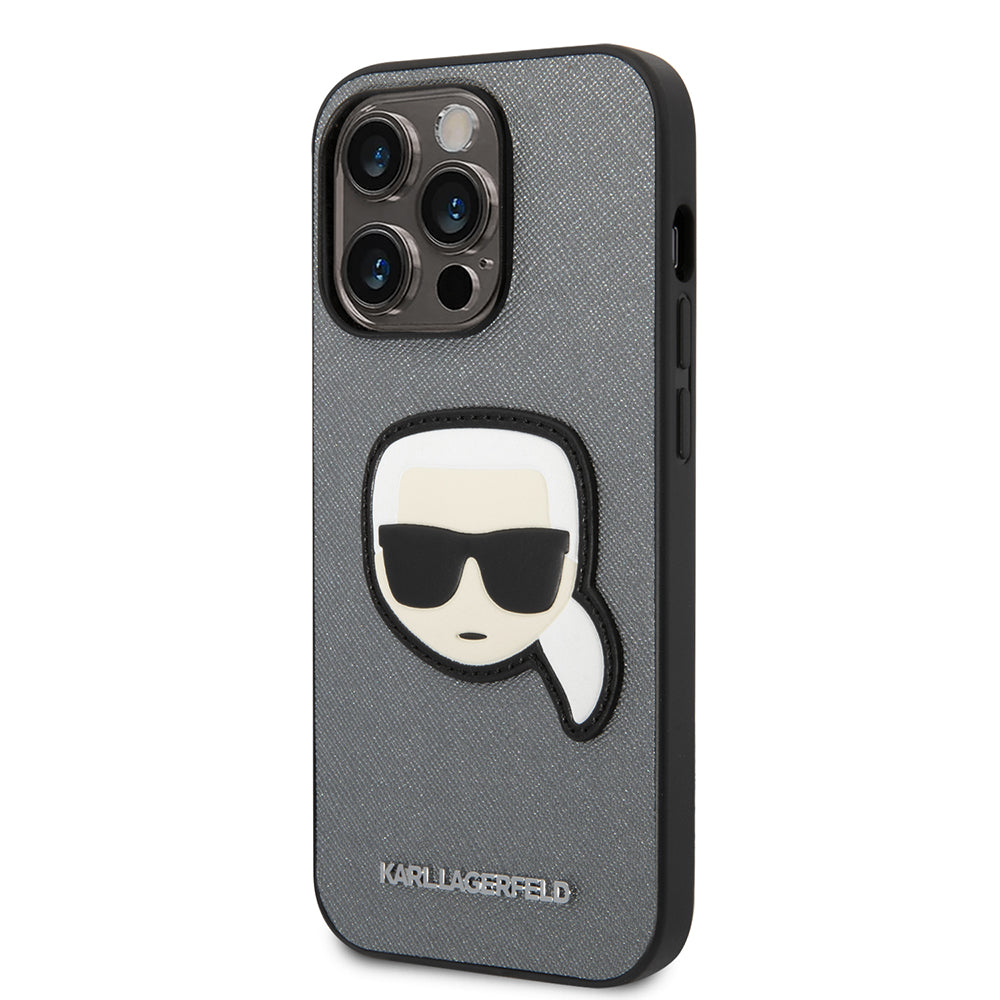 Suojakotelo Apple iPhone 14 Prolle, Karl Lagerfeld, Saffiano Karl's Head, Hopeinen