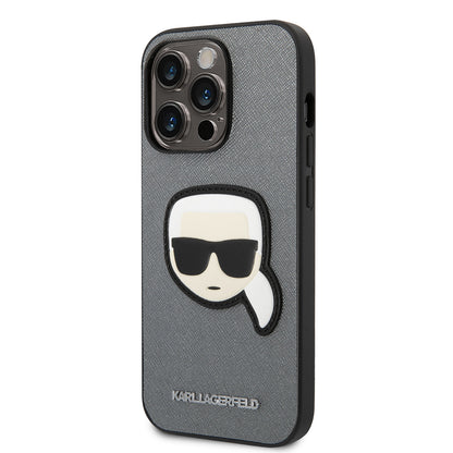 Suojakotelo Apple iPhone 14 Prolle, Karl Lagerfeld, Saffiano Karl's Head, Hopeinen