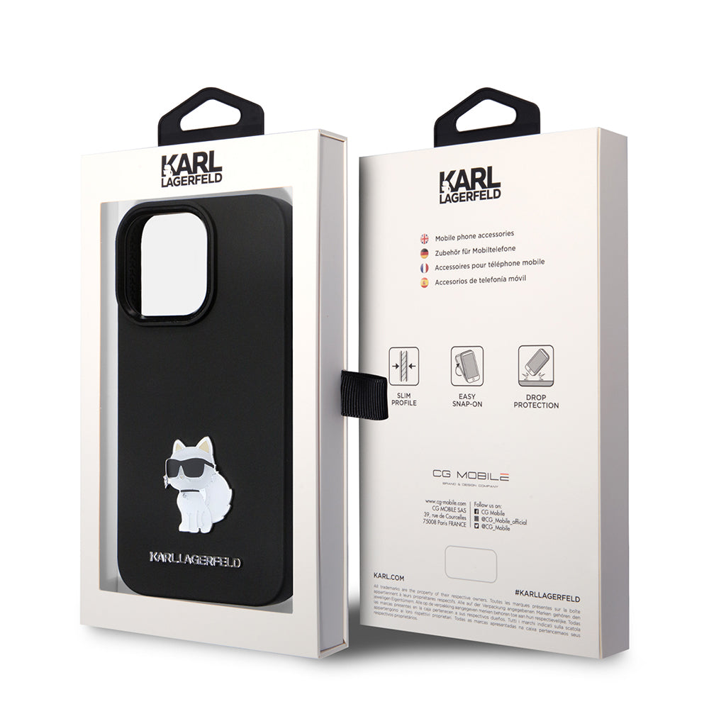 Kotelo Apple iPhone 14 Prolle, Karl Lagerfeld, Silicone Choupette Metal, Musta