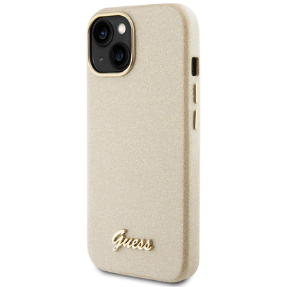 Kotelo Apple iPhone 15:lle, Guess, Glitter Glossy Script, Beige
