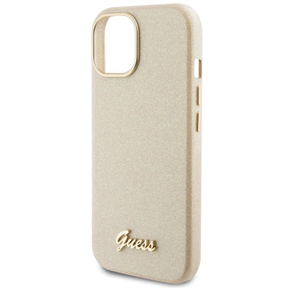 Kotelo Apple iPhone 15:lle, Guess, Glitter Glossy Script, Beige