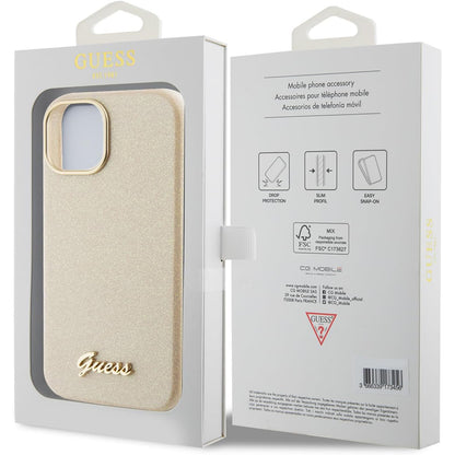 Kotelo Apple iPhone 15:lle, Guess, Glitter Glossy Script, Beige