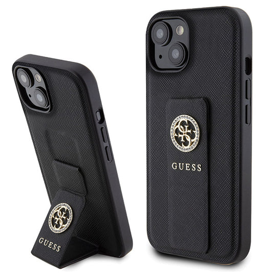 Kotelo Apple iPhone 15:lle, Guess, Grip Stand 4G Saffiano Strass, Musta