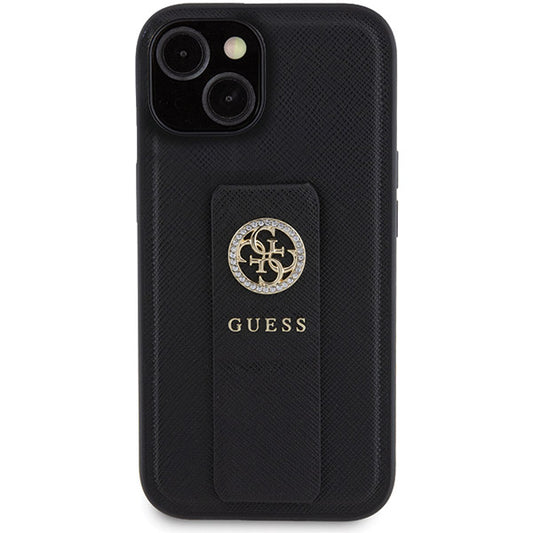Kotelo Apple iPhone 15:lle, Guess, Grip Stand 4G Saffiano Strass, Musta