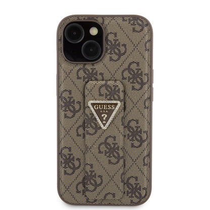 Kotelo Apple iPhone 15:lle, Guess, Grip Stand 4G Triangle Strass, Ruskea