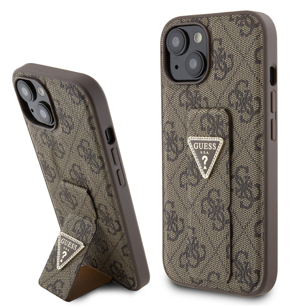 Kotelo Apple iPhone 15:lle, Guess, Grip Stand 4G Triangle Strass, Ruskea
