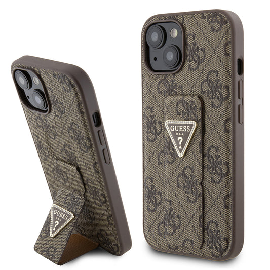 Kotelo Apple iPhone 15:lle, Guess, Grip Stand 4G Triangle Strass, Ruskea