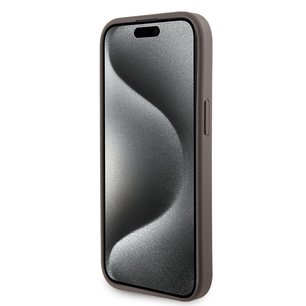 Kotelo Apple iPhone 15:lle, Guess, Grip Stand 4G Triangle Strass, Ruskea