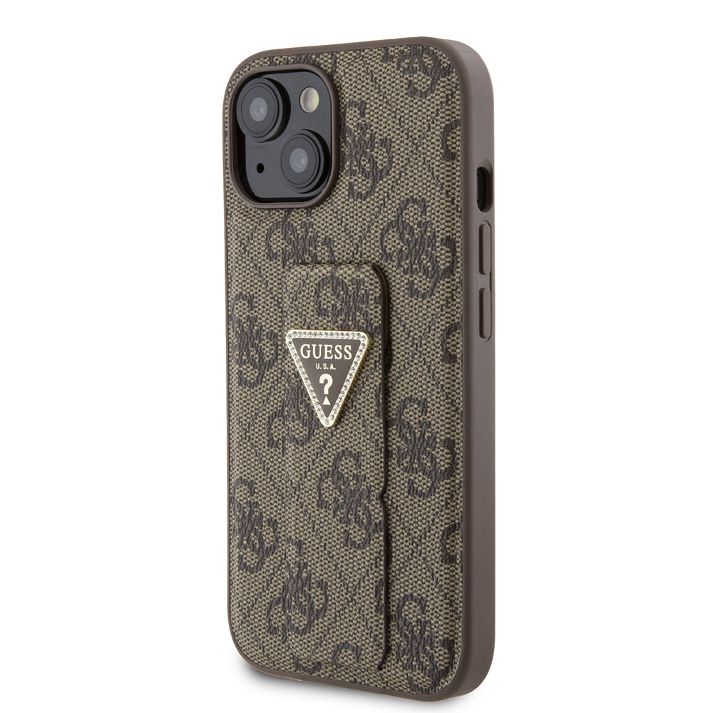 Kotelo Apple iPhone 15:lle, Guess, Grip Stand 4G Triangle Strass, Ruskea