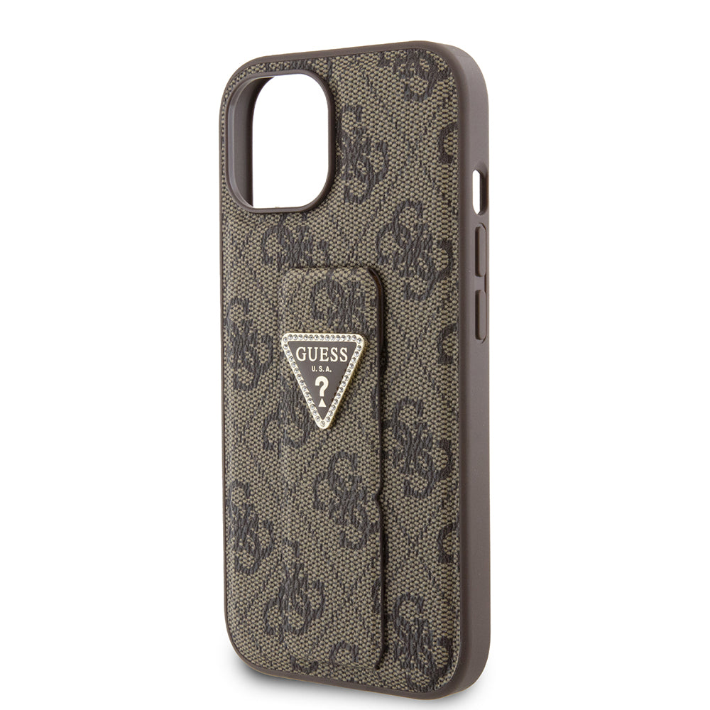 Kotelo Apple iPhone 15:lle, Guess, Grip Stand 4G Triangle Strass, Ruskea