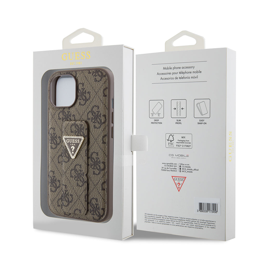 Kotelo Apple iPhone 15:lle, Guess, Grip Stand 4G Triangle Strass, Ruskea
