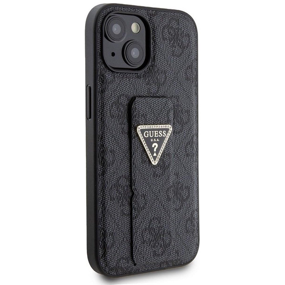 Kotelo Apple iPhone 15:lle, Guess, Grip Stand 4G Triangle Strass, Musta