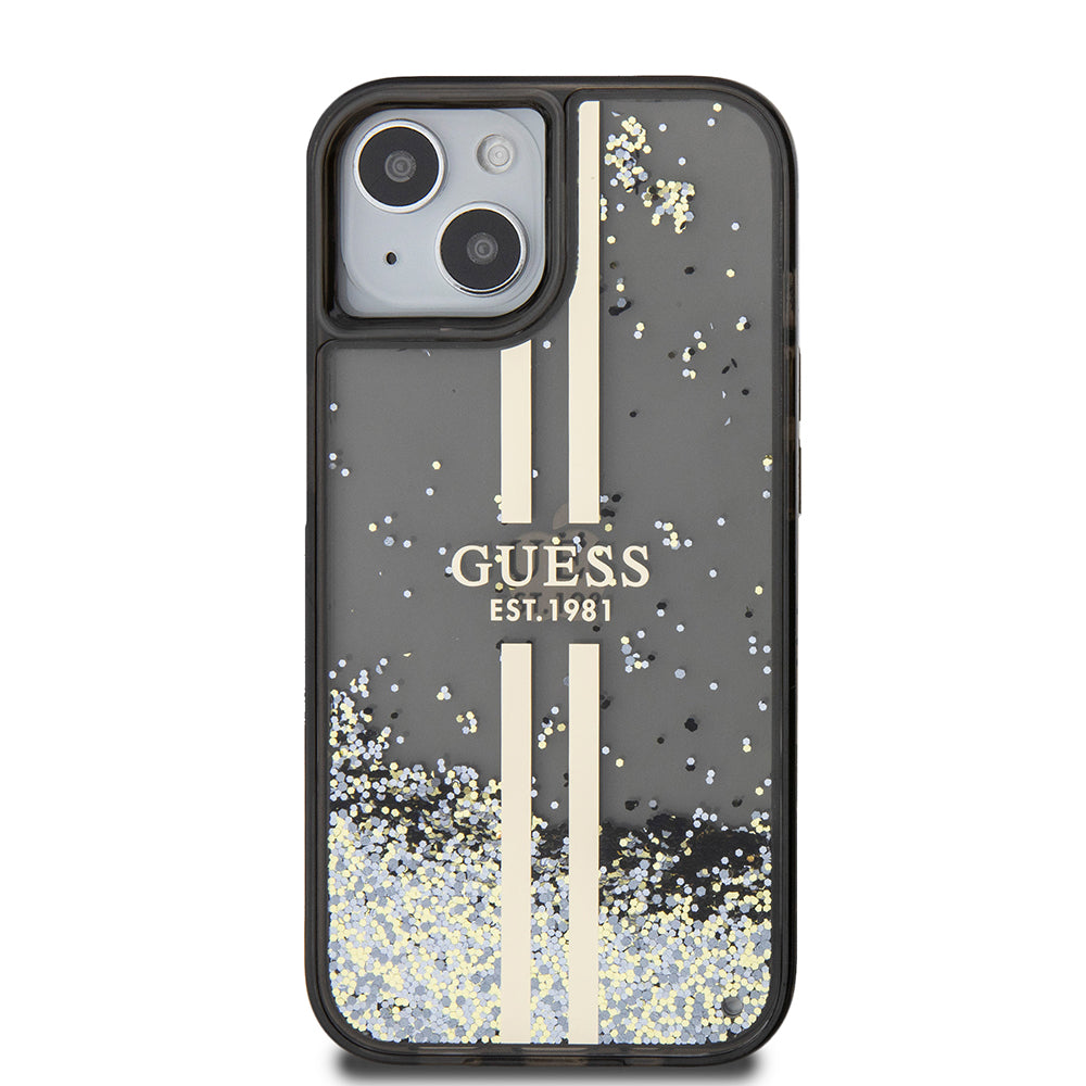 Kotelo Apple iPhone 15:lle, Guess, Liquid Glitter Gold Stripes, Musta