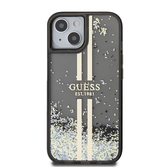 Kotelo Apple iPhone 15:lle, Guess, Liquid Glitter Gold Stripes, Musta