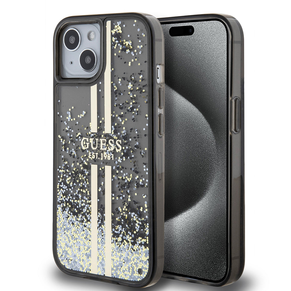Kotelo Apple iPhone 15:lle, Guess, Liquid Glitter Gold Stripes, Musta