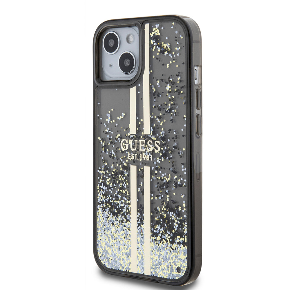 Kotelo Apple iPhone 15:lle, Guess, Liquid Glitter Gold Stripes, Musta