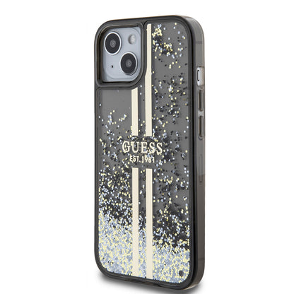 Kotelo Apple iPhone 15:lle, Guess, Liquid Glitter Gold Stripes, Musta