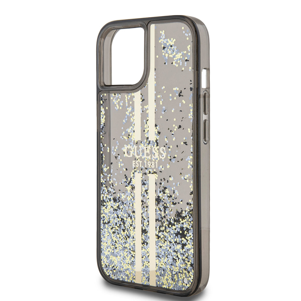 Kotelo Apple iPhone 15:lle, Guess, Liquid Glitter Gold Stripes, Musta