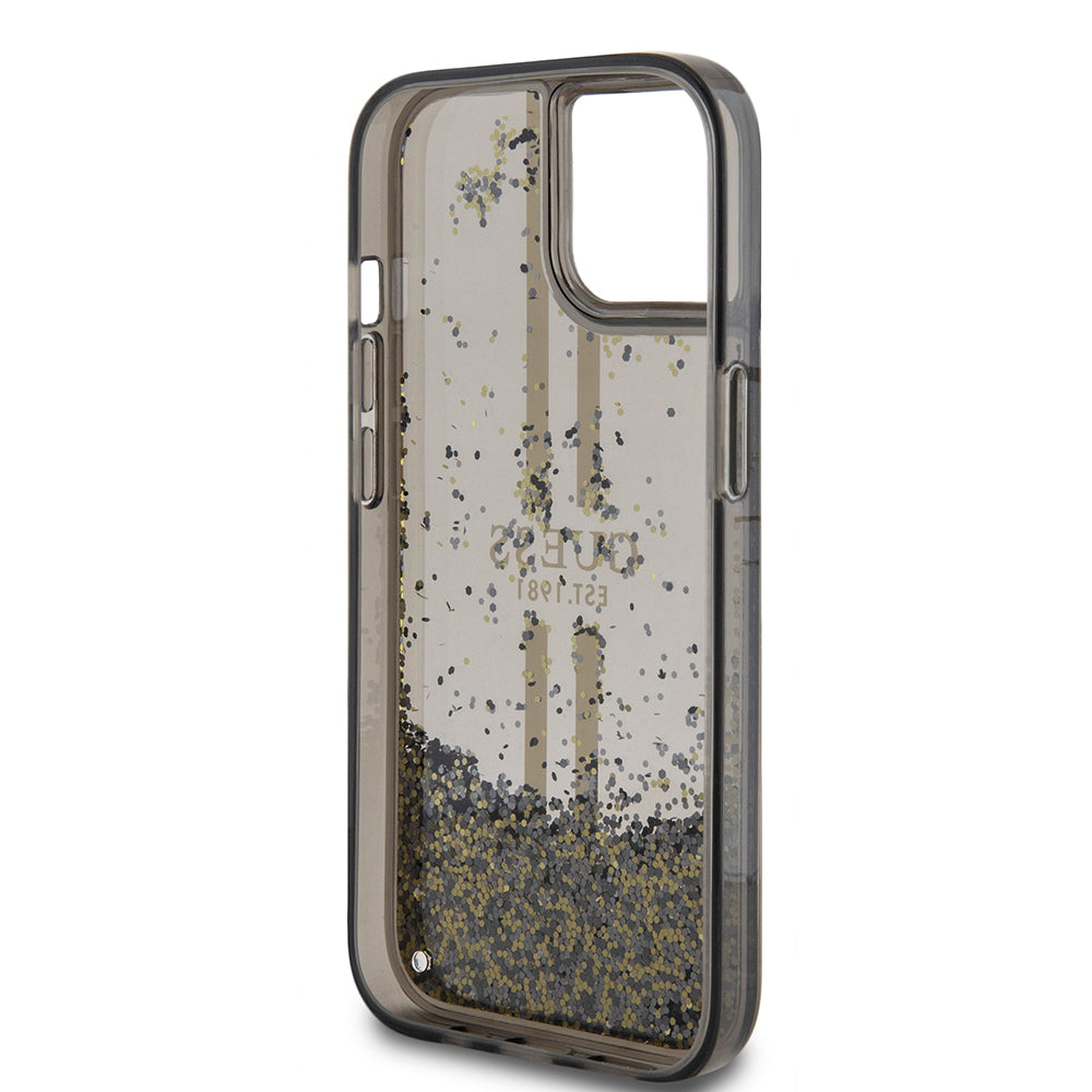 Kotelo Apple iPhone 15:lle, Guess, Liquid Glitter Gold Stripes, Musta