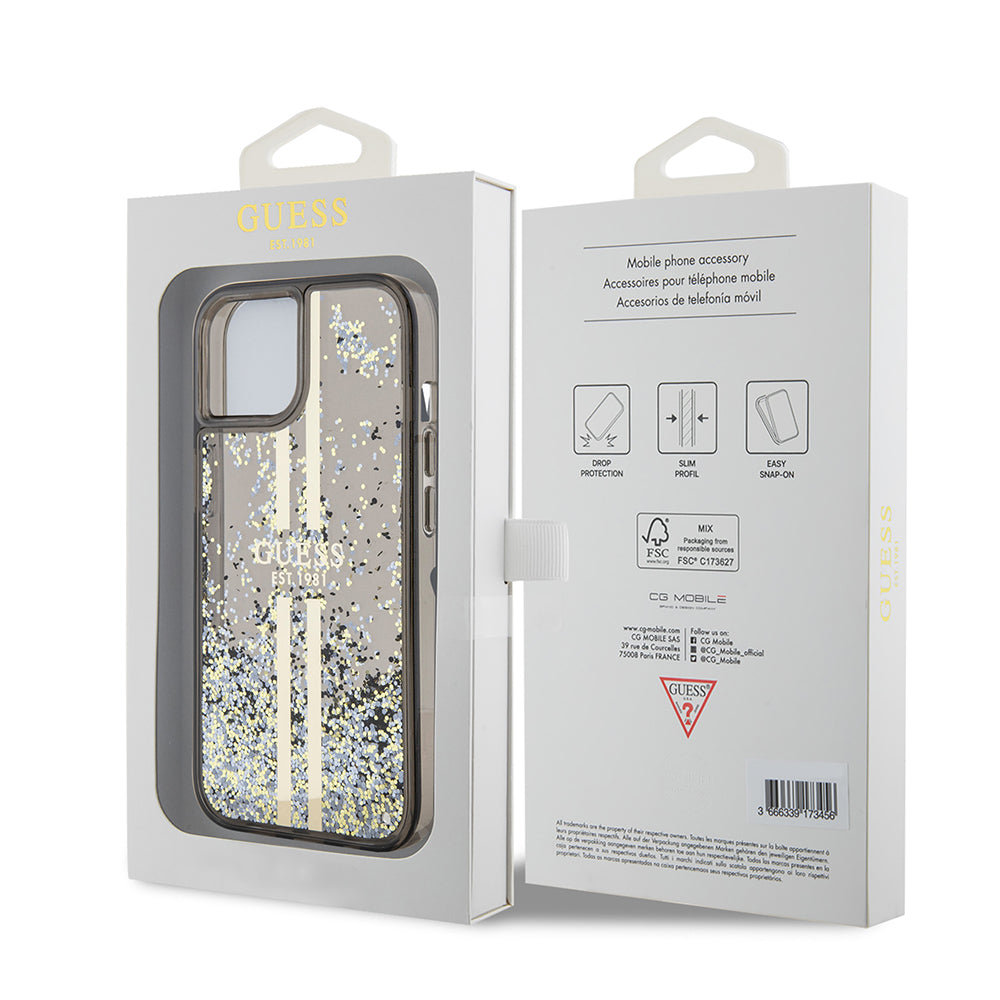 Kotelo Apple iPhone 15:lle, Guess, Liquid Glitter Gold Stripes, Musta
