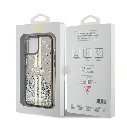 Kotelo Apple iPhone 15:lle, Guess, Liquid Glitter Gold Stripes, Musta