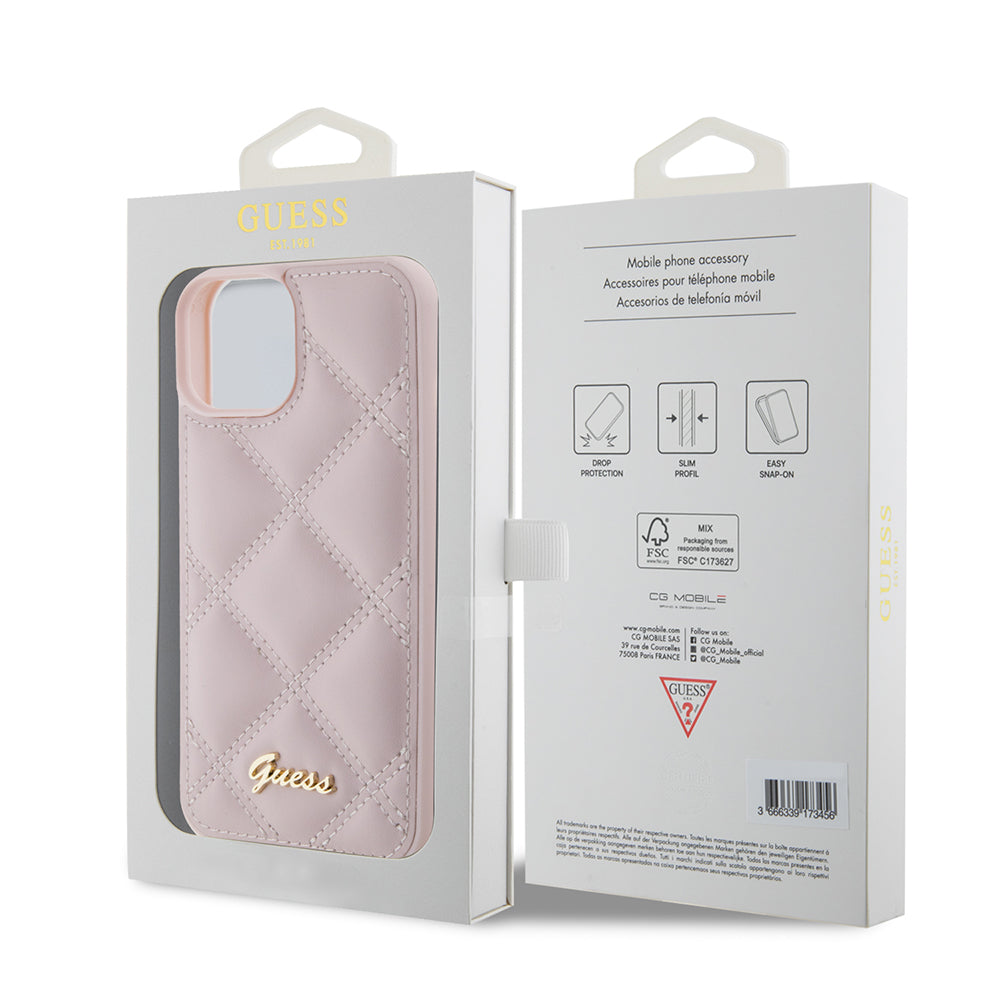 Kotelo Apple iPhone 15:lle, Guess, Quilted Metal Logo, Pinkki