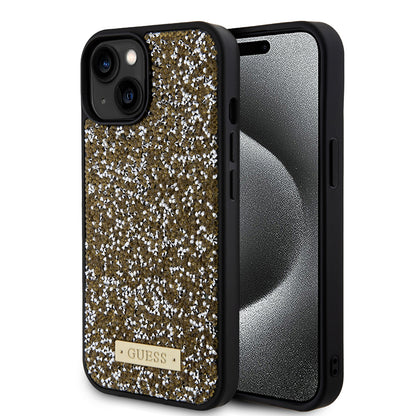 Kotelo Apple iPhone 15:lle, Guess, Rhinestone Metal Logo, Keltainen