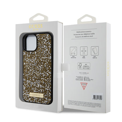 Kotelo Apple iPhone 15:lle, Guess, Rhinestone Metal Logo, Keltainen
