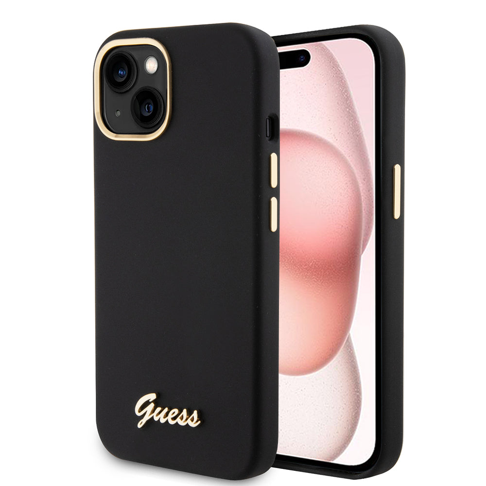 Kotelo Apple iPhone 15:lle, Guess, Script Metal Logo & Frame, Musta