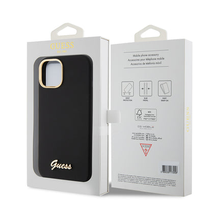 Kotelo Apple iPhone 15:lle, Guess, Script Metal Logo & Frame, Musta