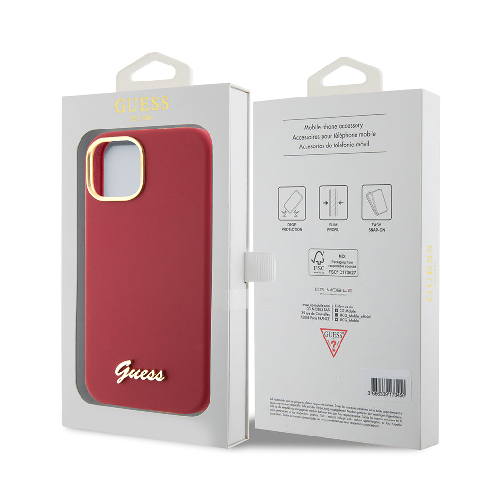 Kotelo Apple iPhone 15:lle, Guess, Script Metal Logo & Frame, Punainen