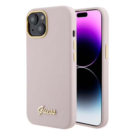 Suojakotelo Apple iPhone 15:lle, Guess, Script Metal Logo & Frame, Vaaleanpunainen